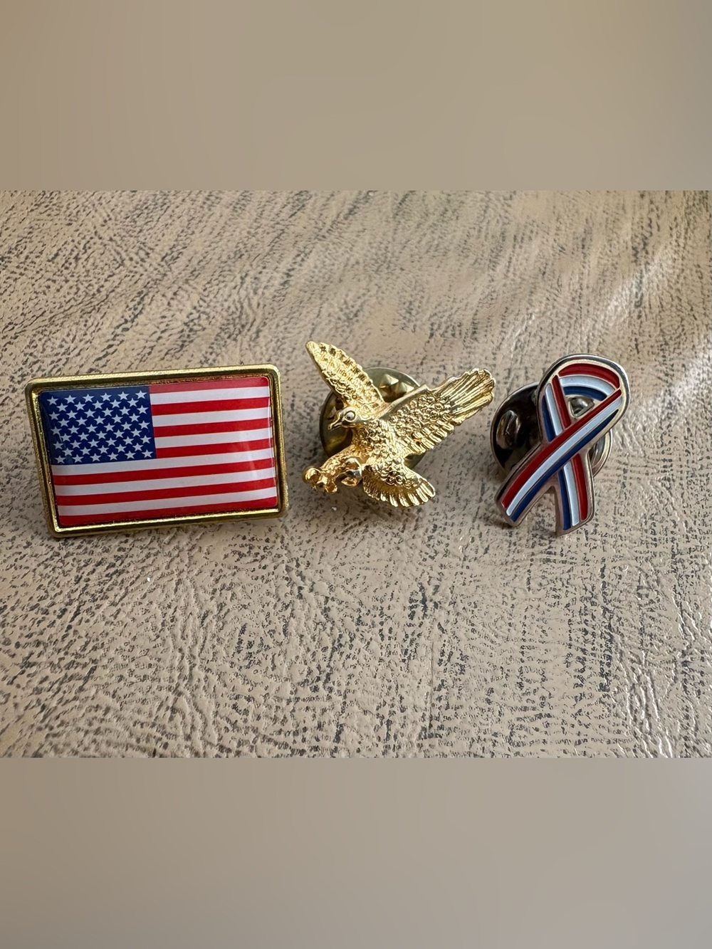 Patriotic American Flag, Gold Eagle & Ribbon Lapel Pin Set